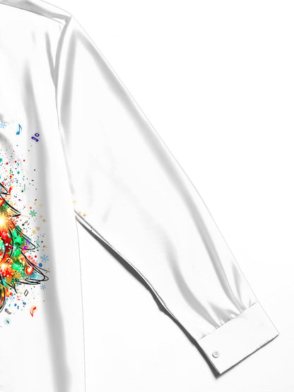 Adaychic Men's Graphic Christmas Tree And Musical Notes Print Long Sleeve Shirt with Chest Pocket