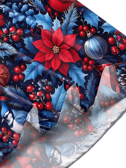 Adaychic Men's Printed Christmas Birds And Ornaments Print Long Sleeve Shirt with Chest Pocket
