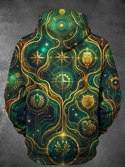 Adaychic Men's Owl And Star Map With Mechanical Gears Print Long Sleeve Hoodie