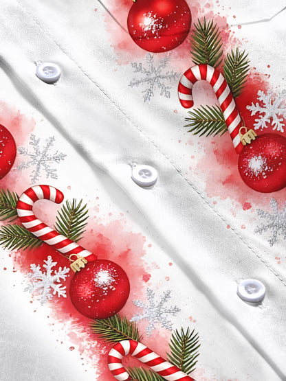 Adaychic Men's Christmas Ornaments And Candy Canes Print Long Sleeve Shirt with Chest Pocket