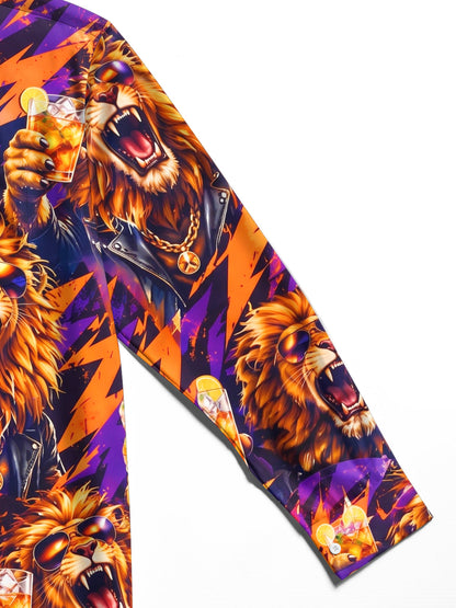 Adaychic Men's Hawaiian Lion With Sunglasses And Drink Print Long Sleeve Shirt with Chest Pocket