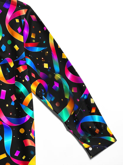 Adaychic Men's Patterned Colorful Ribbons And Confetti Print Long Sleeve Shirt with Chest Pocket