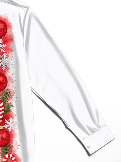 Adaychic Men's Christmas Ornaments And Candy Canes Print Long Sleeve Shirt with Chest Pocket