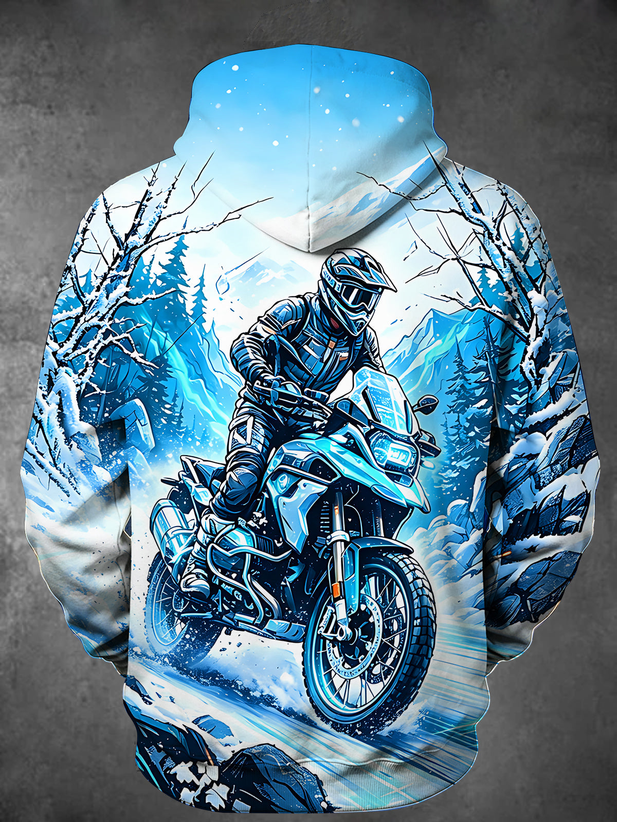 Adaychic Men's Long Sleeve Hoodie - Motorcycle Rider In Snowy Mountain Landscape Print