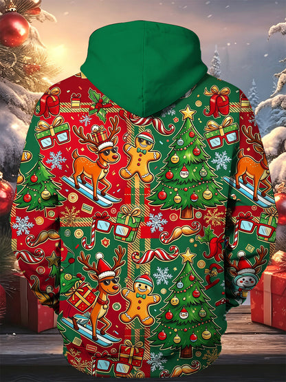 Adaychic Men's Graphic Gingerbread Man And Reindeer Print Long Sleeve Hoodie