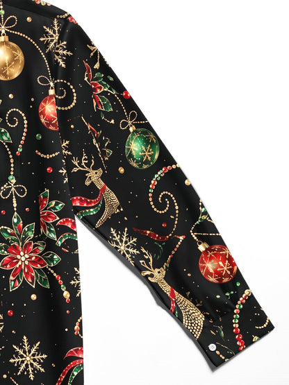 Adaychic Men's Printed Christmas Reindeer And Ornaments Print Long Sleeve Shirt with Chest Pocket