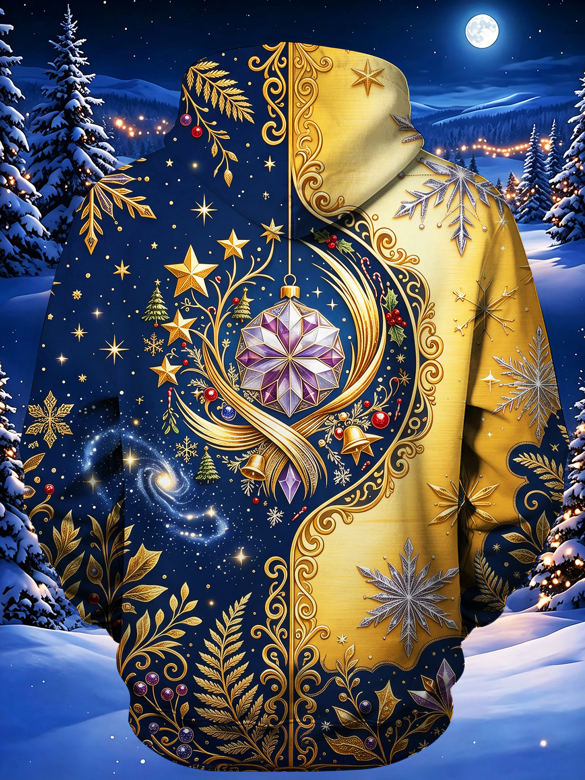 Adaychic Men's Christmas Ornaments And Snowflakes Print Long Sleeve Hoodie