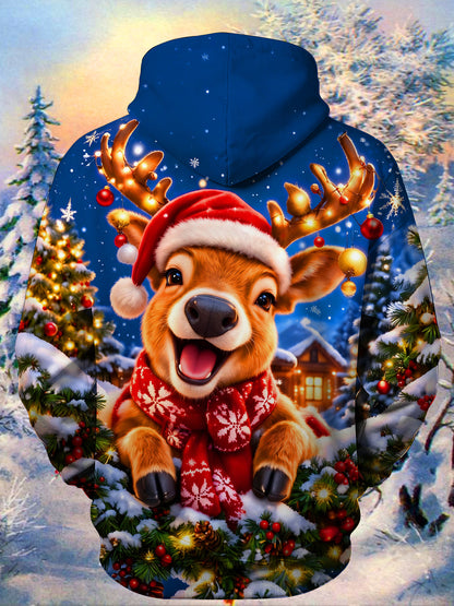 Adaychic Men's Long Sleeve Hoodie - Reindeer With Santa Hat And Christmas Ornaments Print