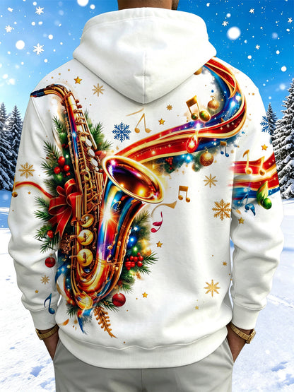 Adaychic Men's Long Sleeve Hoodie - Saxophone With Christmas Ornaments And Pine Branches Print