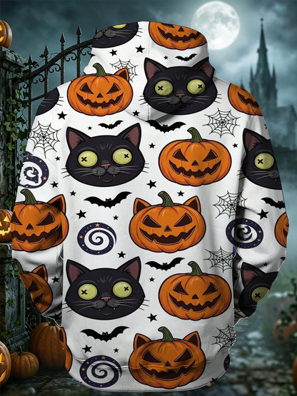 Adaychic Men's Graphic Halloween Black Cat Print Long Sleeve Hoodie