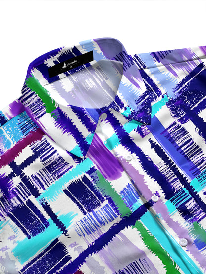 Adaychic Men's Printed Abstract Brushstroke Grid Print Long Sleeve Shirt with Chest Pocket