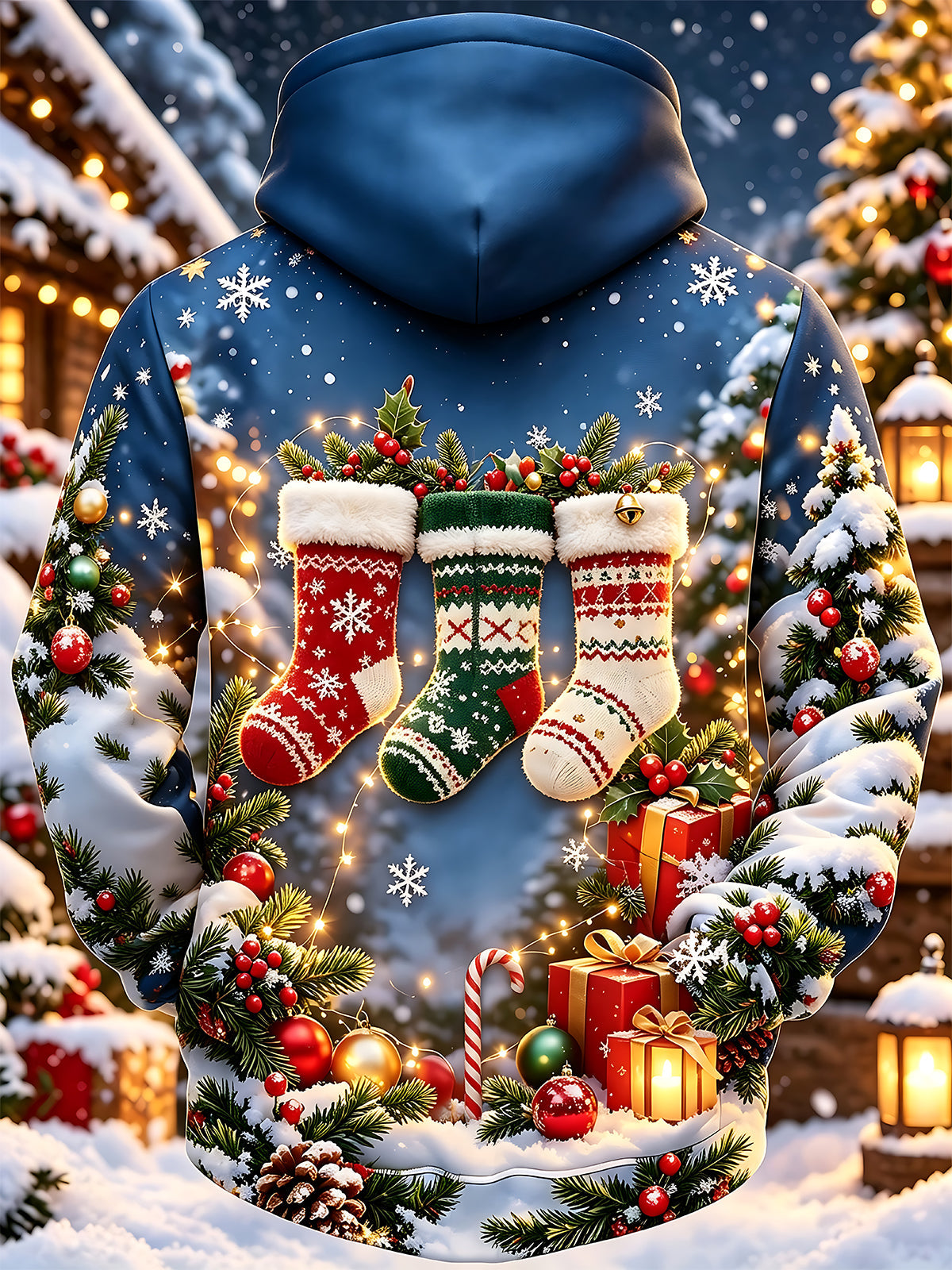 Adaychic Men's Long Sleeve Zip-Up Hoodie - Christmas Stockings And Winter Scene Print
