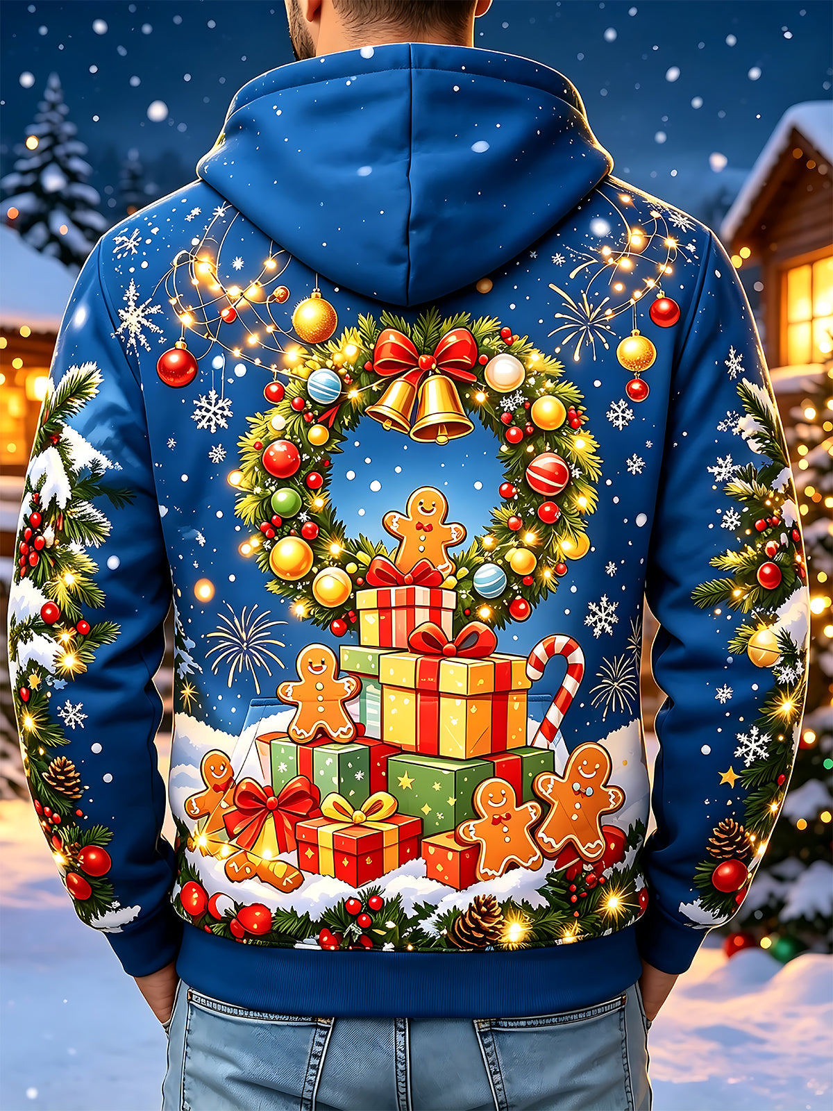 Adaychic Men's Long Sleeve Zip-Up Hoodie - Gingerbread Men And Christmas Wreath Print