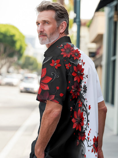 Adaychic Men's Red Flower Black White Print Short Sleeve Button Down Shirt with Chest Pocket