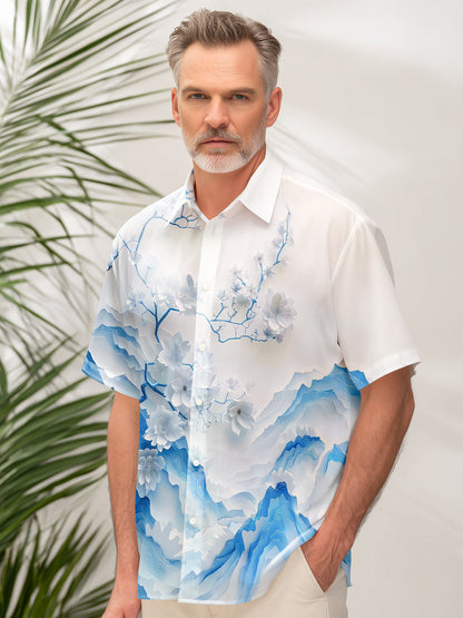 Adaychic Men's 3D Blue Floral Mountain Graphic Print Short Sleeve Button Down Shirt with Chest Pocket