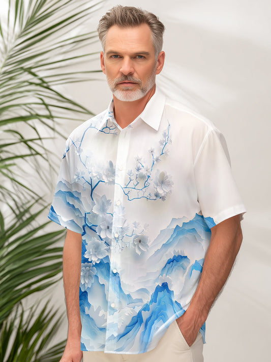 Adaychic Men's 3D Blue Floral Mountain Graphic Print Short Sleeve Button Down Shirt with Chest Pocket