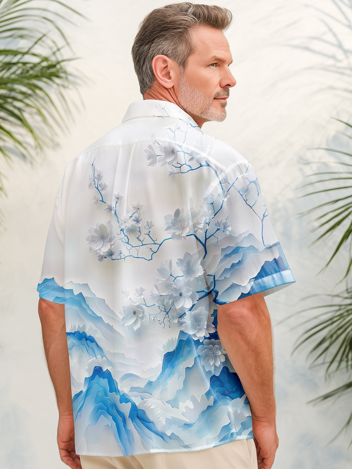 Adaychic Men's 3D Blue Floral Mountain Graphic Print Short Sleeve Button Down Shirt with Chest Pocket