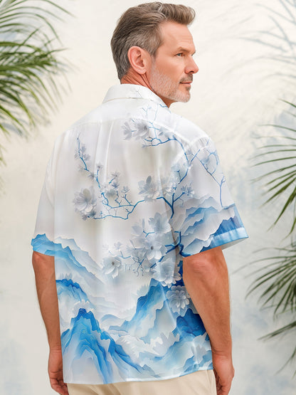 Adaychic Men's 3D Blue Floral Mountain Graphic Print Short Sleeve Button Down Shirt with Chest Pocket