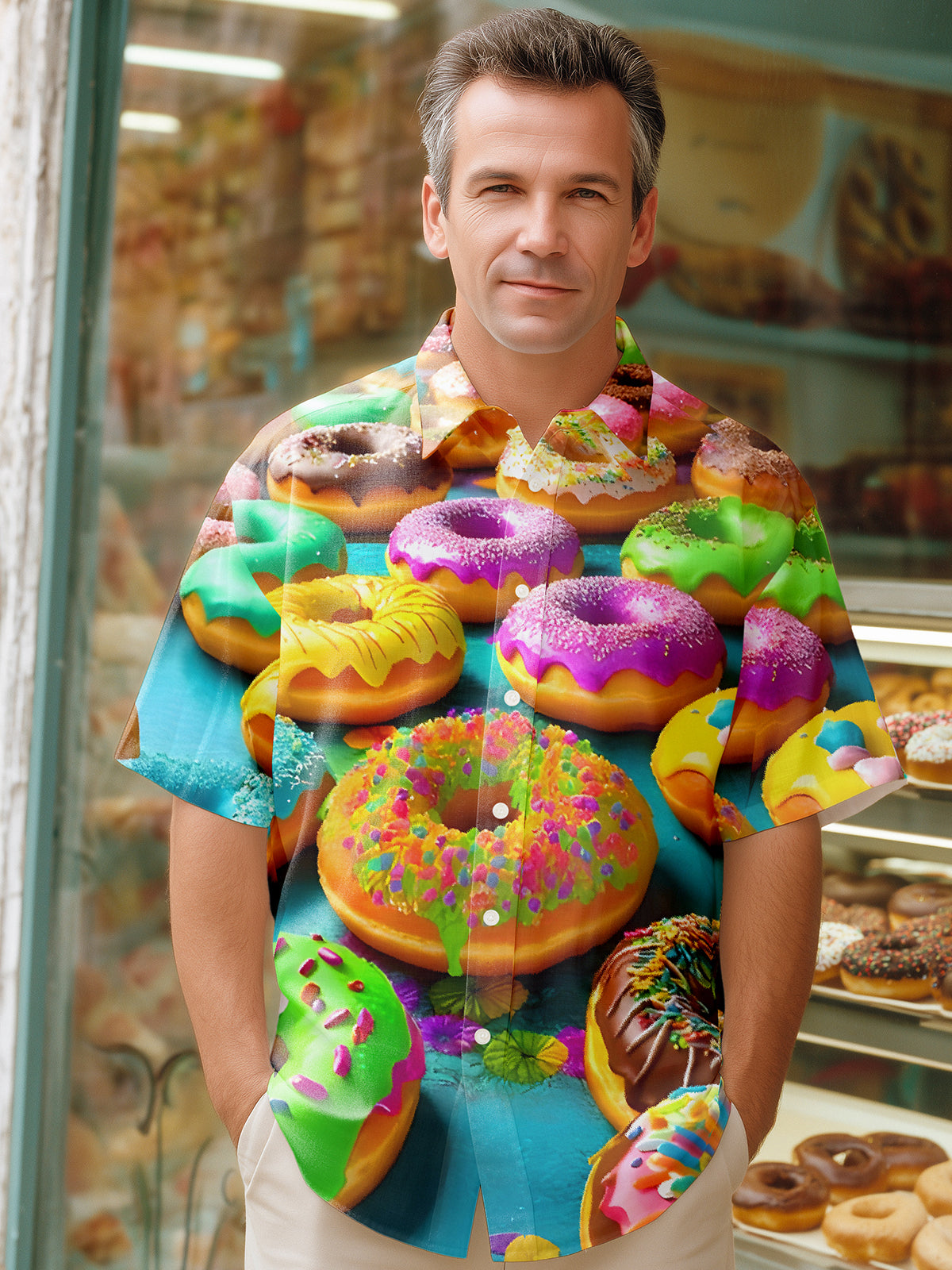 Adaychic Men's Graphic 3D Colorful Donut Pattern Print Short Sleeve Button Down Shirt with Chest Pocket