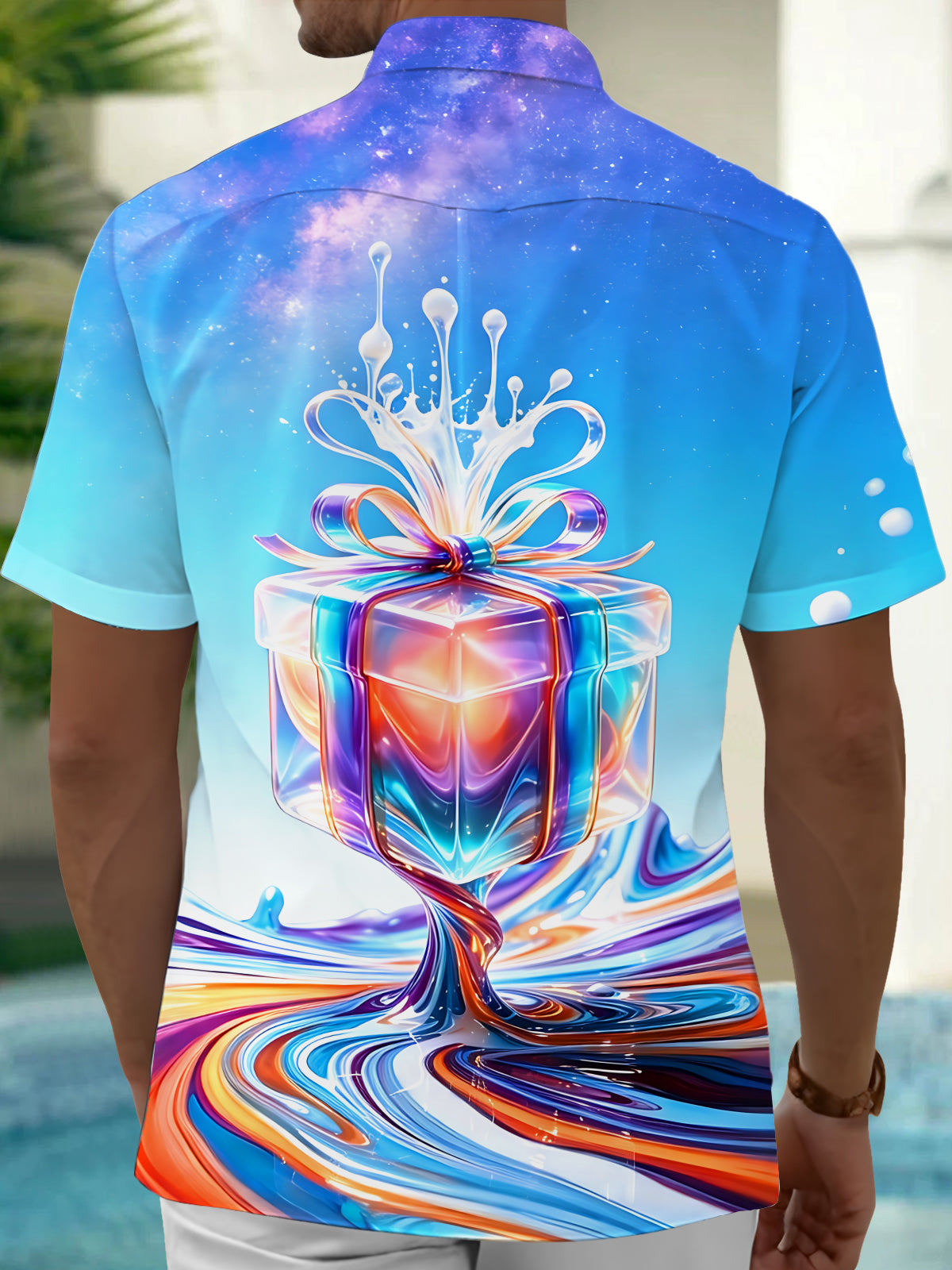 Adaychic Men's Graphic Colorful Gift Box Print Short Sleeve Shirt with Chest Pocket
