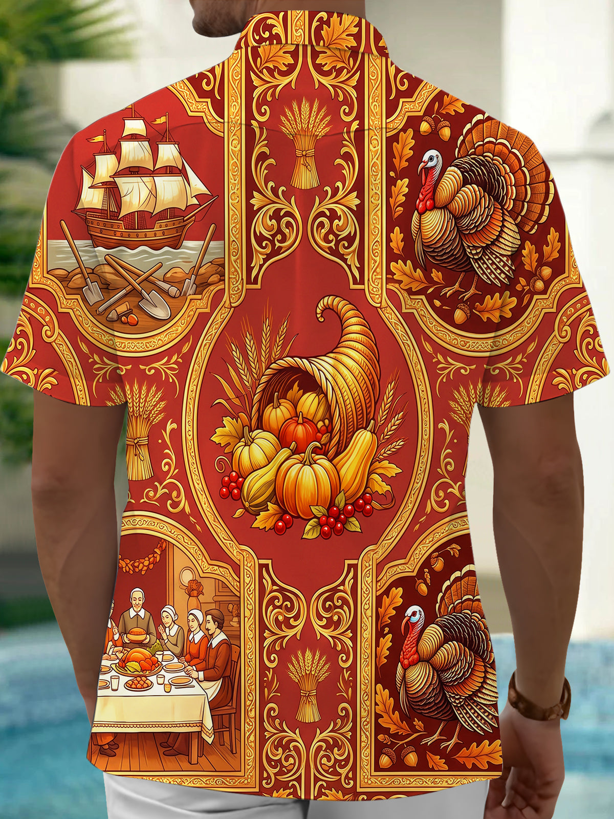 Adaychic Men's Short Sleeve Shirt - Thanksgiving Cornucopia And Harvest Produce Print with Chest Pocket