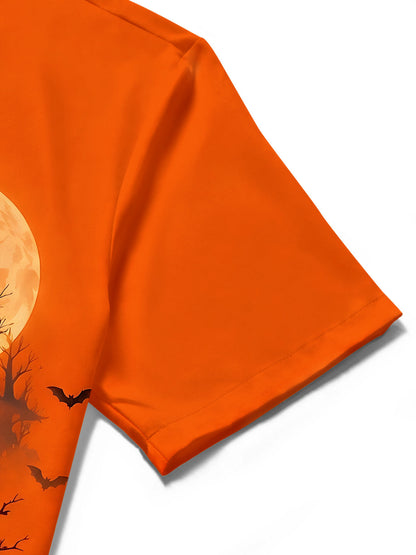 Adaychic Men's Halloween Black Cats And Pumpkins Print Short Sleeve Shirt with Chest Pocket