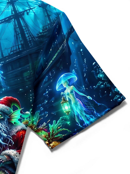 Adaychic Men's Christmas Tree Print Marine Life Print Short Sleeve Shirt
