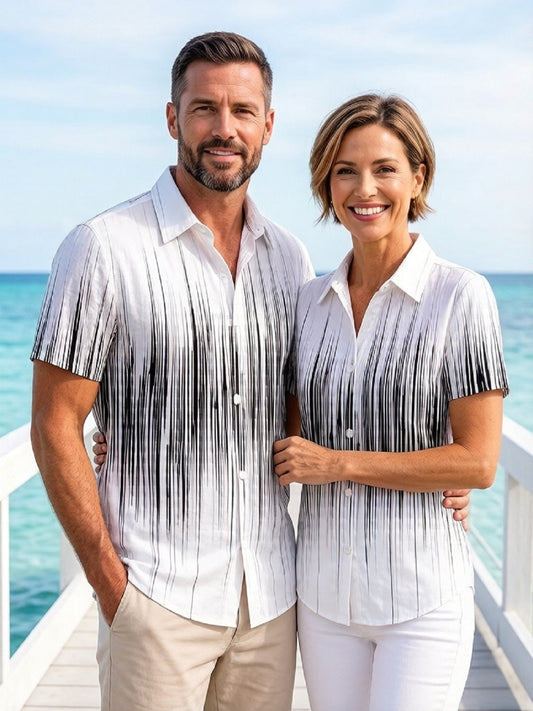 Adaychic Black White Vertical Stripe Print Short Sleeve Matching Couple Shirts with Chest Pocket