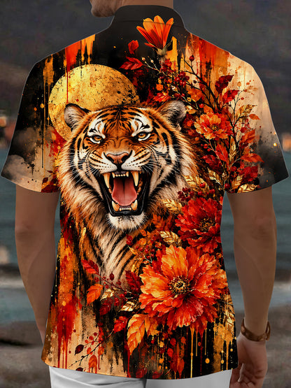 Adaychic Men's Graphic Roaring Tiger Head Print Short Sleeve Shirt with Chest Pocket