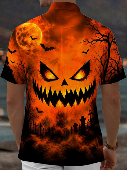 Adaychic Men's Short Sleeve Shirt - Halloween Scary Pumpkin Face With Bats And Full Moon Print with Chest Pocket