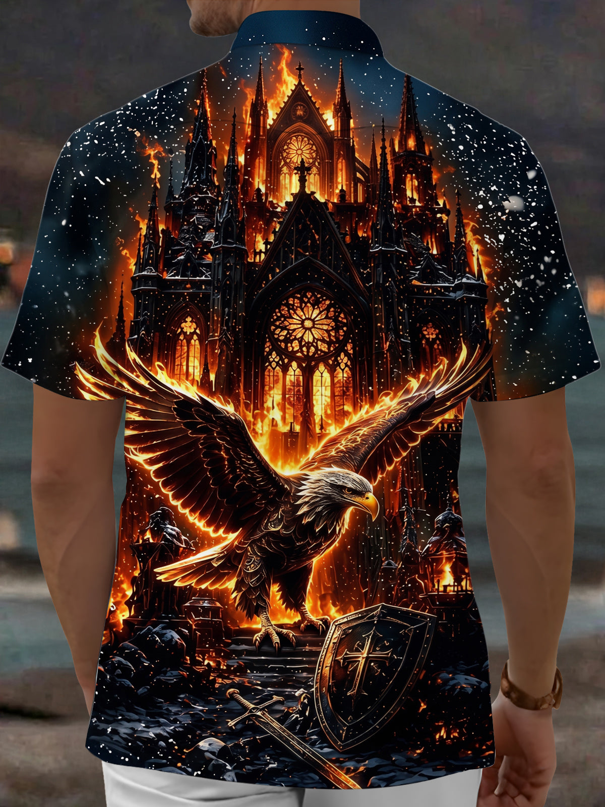 Adaychic Men's Graphic Eagle Print Gothic Cathedral Print Short Sleeve Shirt with Chest Pocket