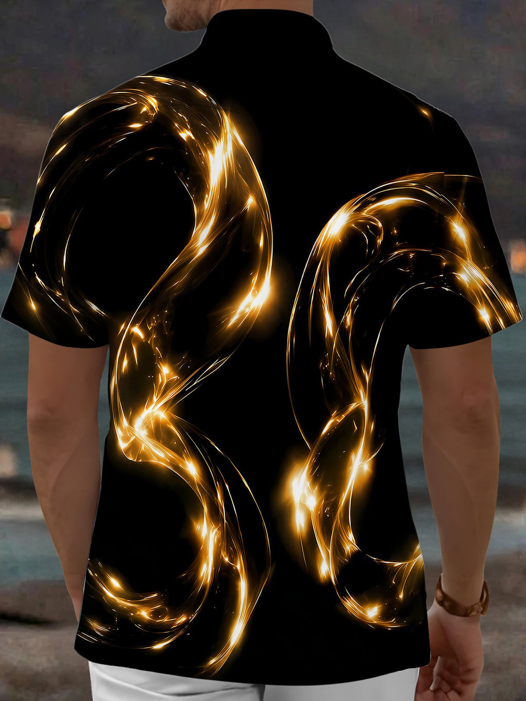 Adaychic Men's Patterned Abstract Golden Swirls Print Short Sleeve Shirt with Chest Pocket