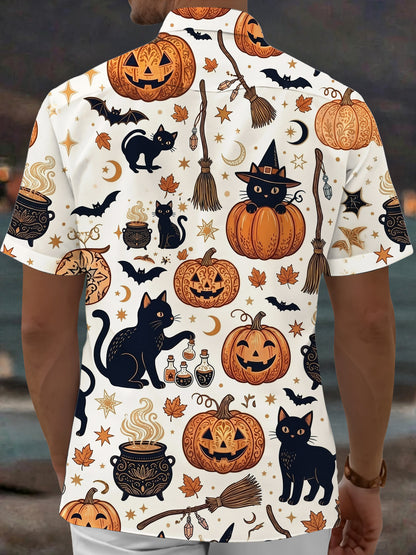 Adaychic Men's Halloween Black Cats And Pumpkins Print Short Sleeve Shirt with Chest Pocket
