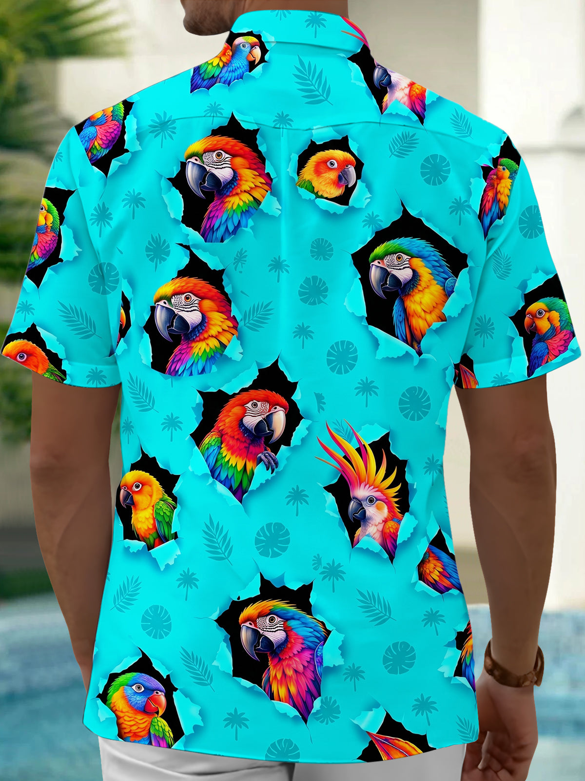 Adaychic Men's Colorful Parrots And Tropical Leaves Print Short Sleeve Shirt with Chest Pocket