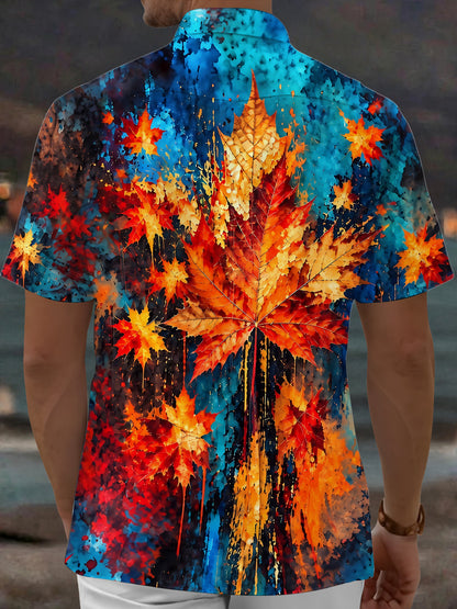 Adaychic Men's Hawaiian Maple Leaf Autumn Pattern Short Sleeve Shirt with Chest Pocket