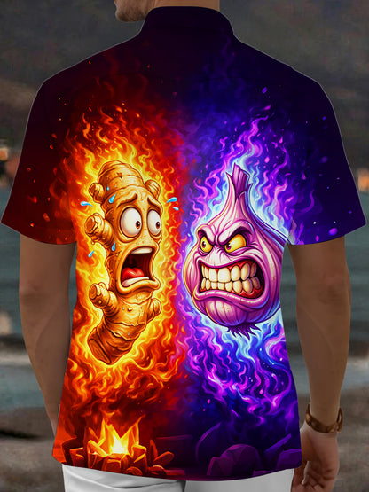 Adaychic Men's Graphic Cartoon Onion Fire Print Short Sleeve Shirt with Chest Pocket