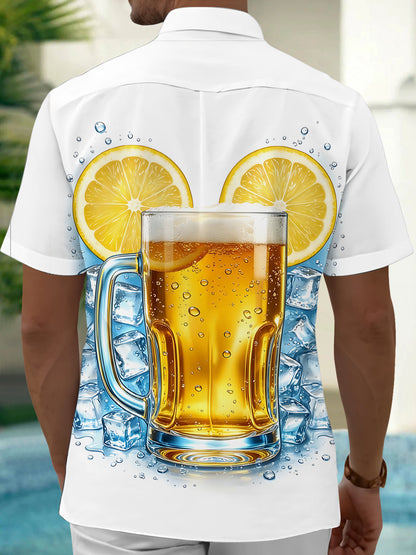 Adaychic Men's Short Sleeve Shirt - Beer Mug With Lemon Slices And Ice Cubes Print with Chest Pocket