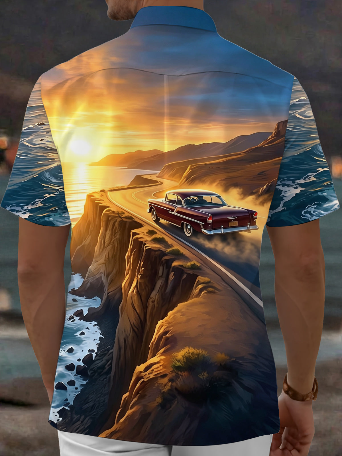 Adaychic Men's Vintage Car On Coastal Road Print Short Sleeve Shirt with Chest Pocket