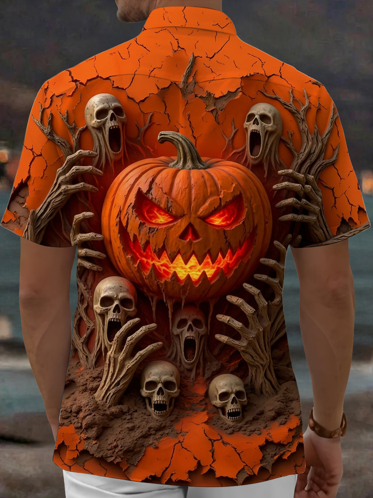 Adaychic Men's Halloween Jack-o-lantern And Skulls Print Short Sleeve Shirt with Chest Pocket