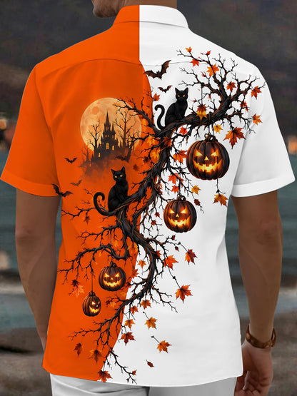 Adaychic Men's Halloween Black Cats And Pumpkins Print Short Sleeve Shirt with Chest Pocket