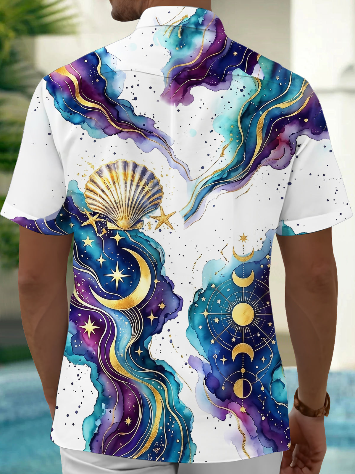 Adaychic Men's Hawaiian Watercolor Ocean Waves Print Short Sleeve Shirt with Chest Pocket