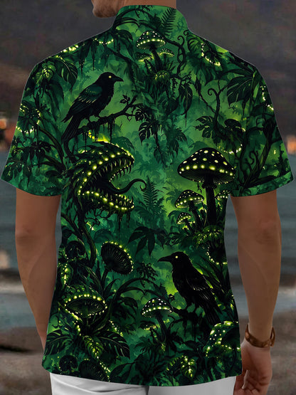 Adaychic Men's Glowing Forest Mushrooms And Crows Print Short Sleeve Shirt with Chest Pocket