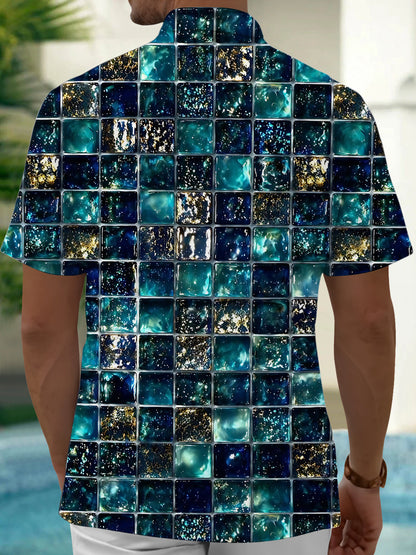 Adaychic Men's Printed Geometric Tile Pattern Short Sleeve Shirt with Chest Pocket