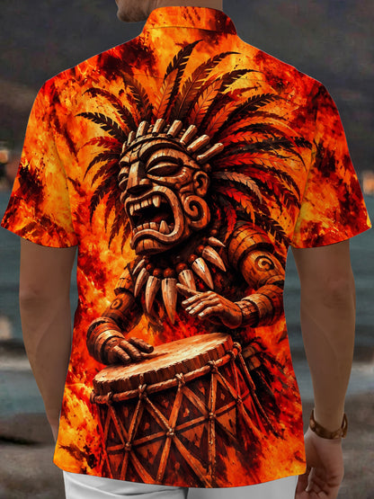 Adaychic Men's Hawaiian Tiki Mask And Drum Print Short Sleeve Shirt with Chest Pocket