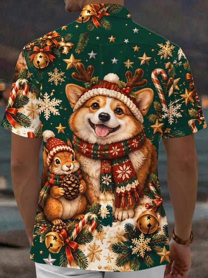 Adaychic Men's Hawaiian Christmas Corgi And Squirrel Print Short Sleeve Shirt