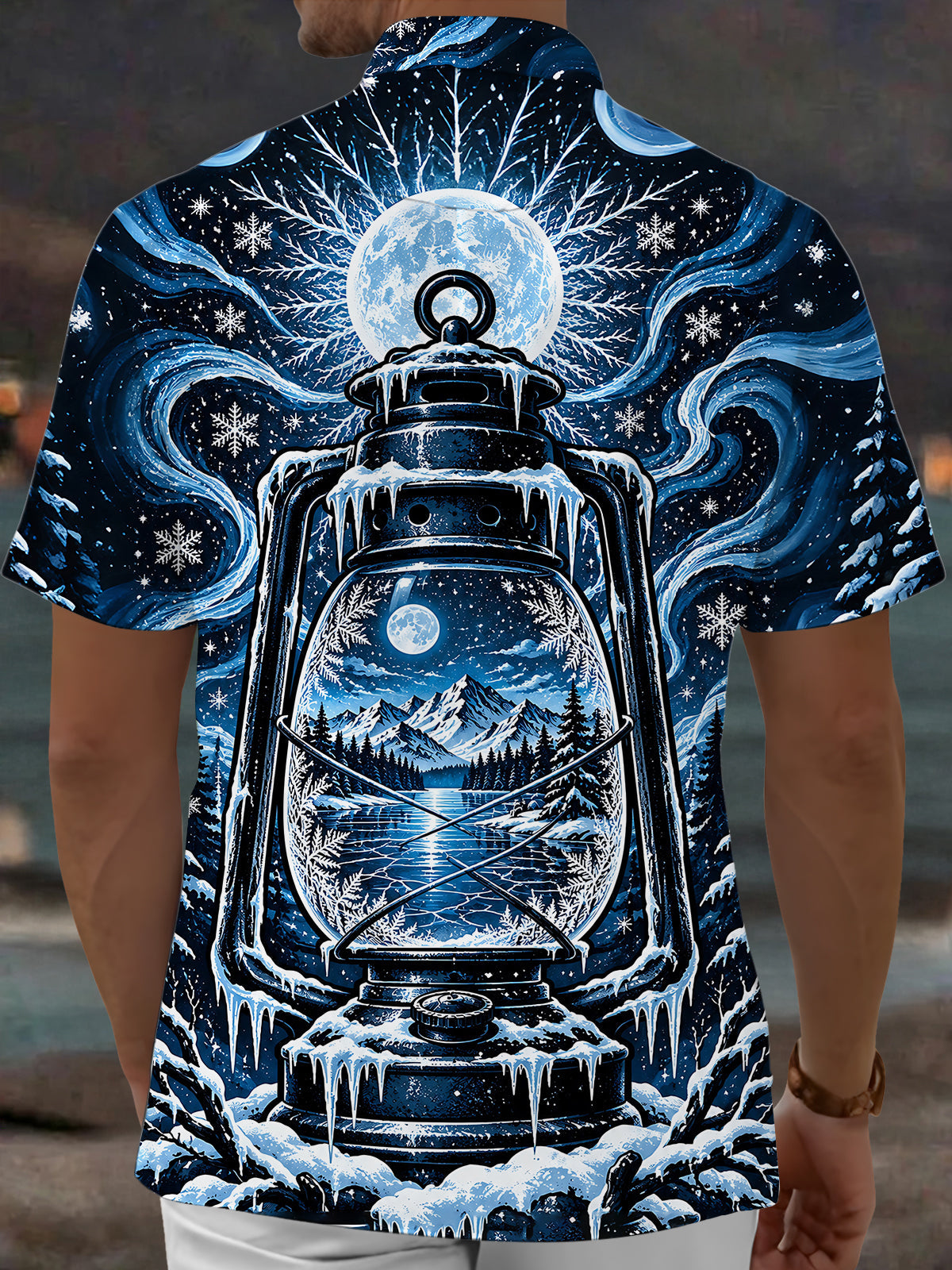 Adaychic Men's Short Sleeve Shirt - Vintage Kerosene Lantern With Winter Landscape Print with Chest Pocket