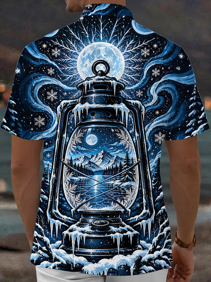 Adaychic Men's Short Sleeve Shirt - Vintage Kerosene Lantern With Winter Landscape Print with Chest Pocket