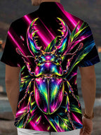 Adaychic Men's Neon Stag Beetle And Tropical Leaves Print Short Sleeve Shirt with Chest Pocket