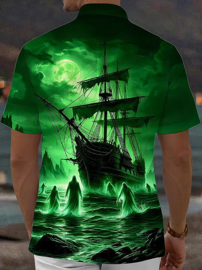 Adaychic Men's Graphic Ghost Ship Print Short Sleeve Shirt with Chest Pocket