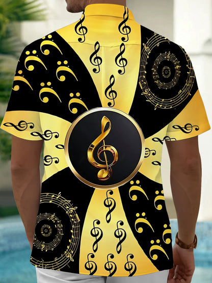 Adaychic Men's Hawaiian Musical Notes Print Short Sleeve Shirt with Chest Pocket